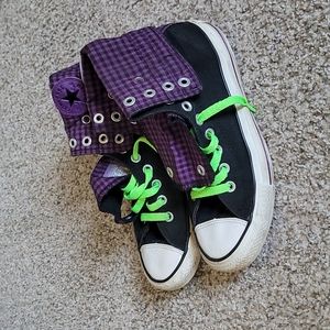 Black Converse All Star folded high tops purple gingham interior